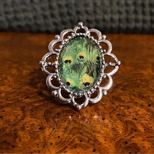 Vintage SilverTone Peacock Feather Adjustable Ring